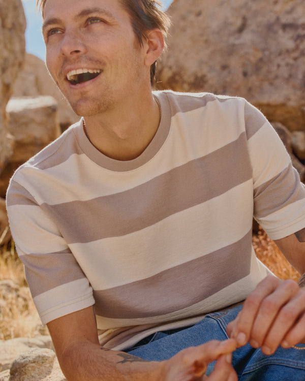 wax london men's Dean - Taupe Grey And Ecru Stripe Textured Organic Cotton T-Shirt