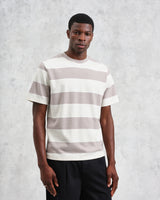 wax london Dean - Taupe Grey And Ecru Stripe Textured Organic Cotton T-Shirt