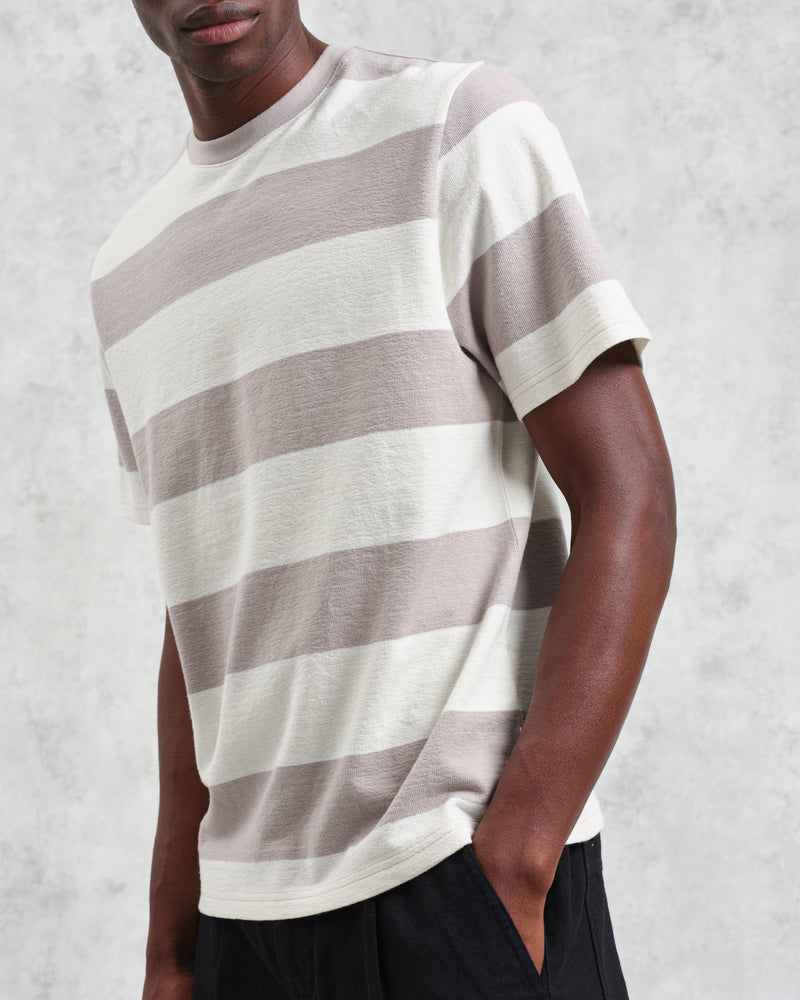 wax london Dean - Taupe Grey And Ecru Stripe Textured Organic Cotton T-Shirt