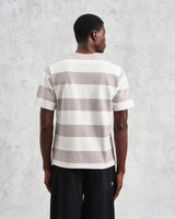 wax london Dean - Taupe Grey And Ecru Stripe Textured Organic Cotton T-Shirt