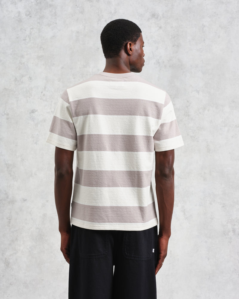 wax london Dean - Taupe Grey And Ecru Stripe Textured Organic Cotton T-Shirt