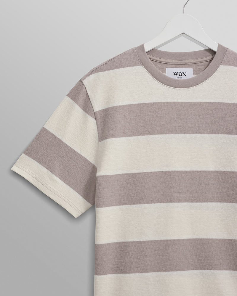 wax london Dean - Taupe Grey And Ecru Stripe Textured Organic Cotton T-Shirt