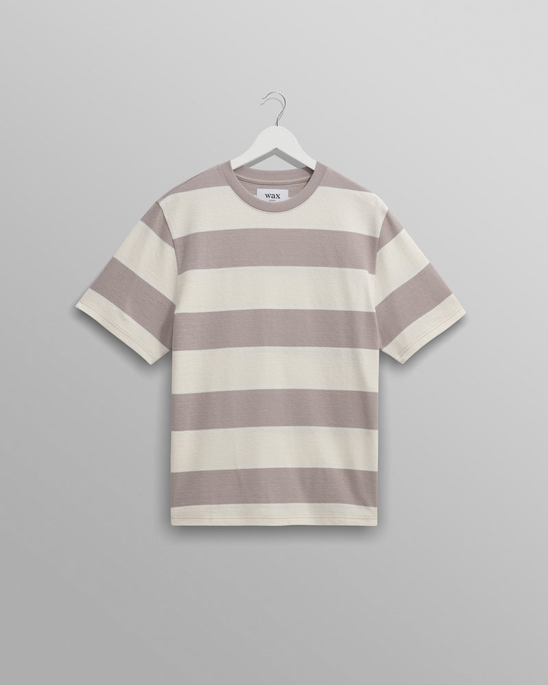 wax london Dean - Taupe Grey And Ecru Stripe Textured Organic Cotton T-Shirt