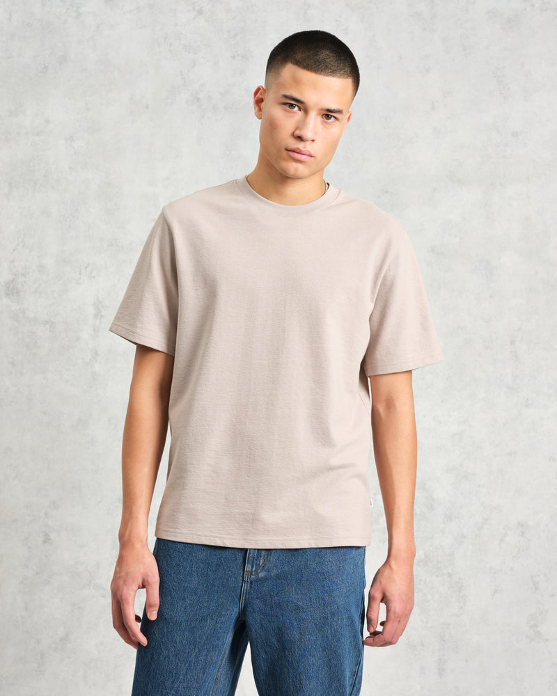 wax london Dean - Taupe Grey Textured Organic Cotton T-Shirt