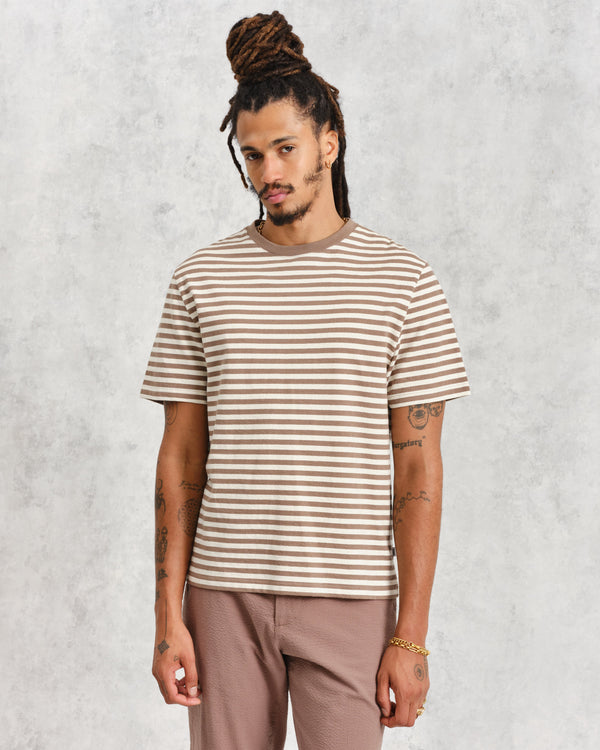 wax london men's Dean - Walnut/Ecru Striped Textured Organic Cotton T-Shirt