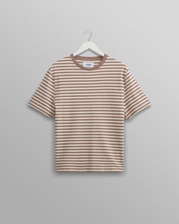 wax london men's Dean - Walnut/Ecru Striped Textured Organic Cotton T-Shirt