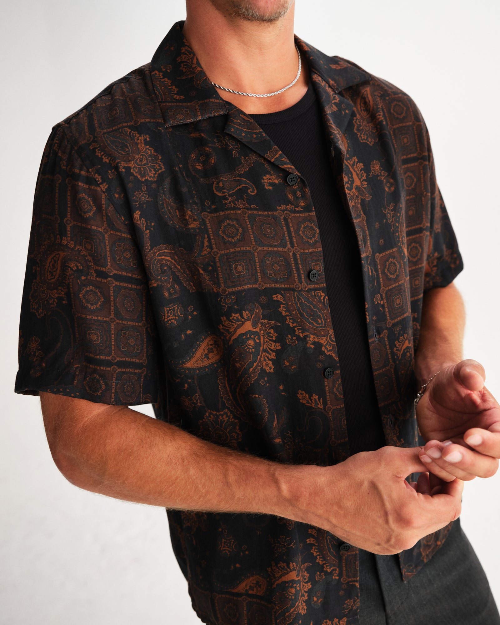 Men's Black And Brown Paisley Short-Sleeve Shirt | Wax London