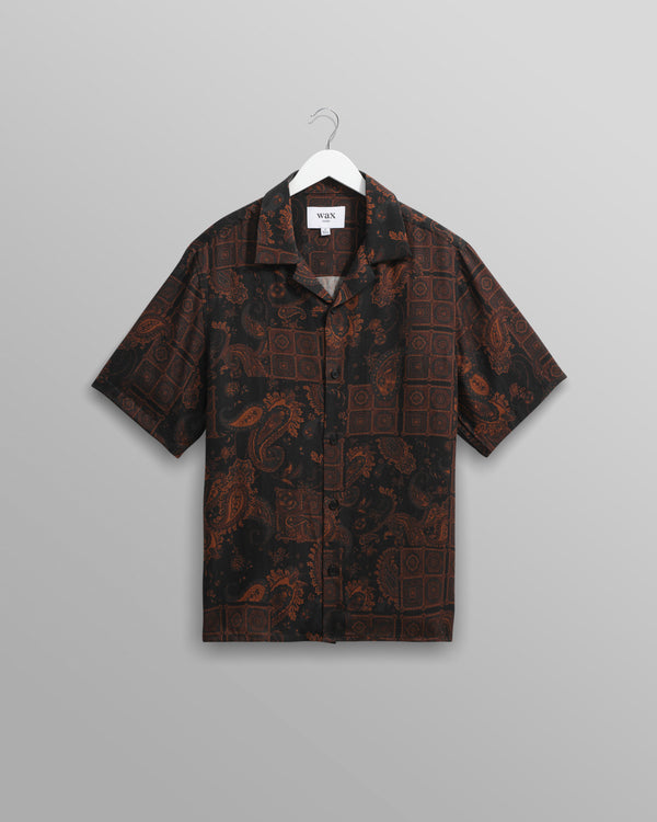 wax london men's Didcot - Black And Brown Paisley Short-Sleeve Shirt