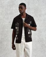 wax london men's Didcot - Black And Ecru Abstract Applique Short-Sleeve Shirt