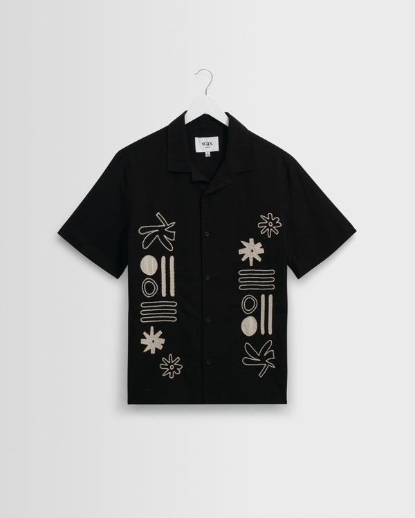 Men's Black And Ecru Abstract Applique Short-Sleeve Shirt | Wax London