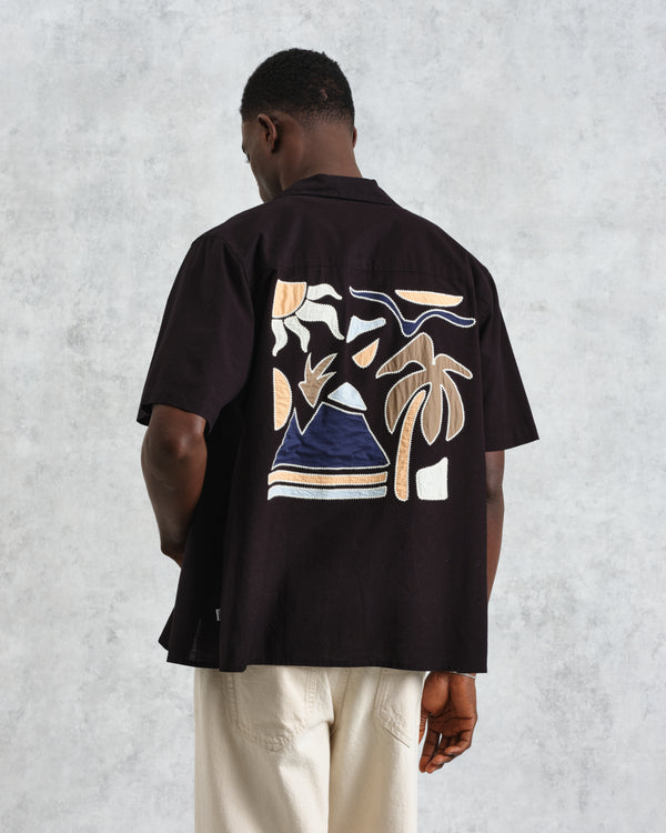 wax london men's Didcot - Black And Multicolour Appliqué Short-Sleeve Shirt