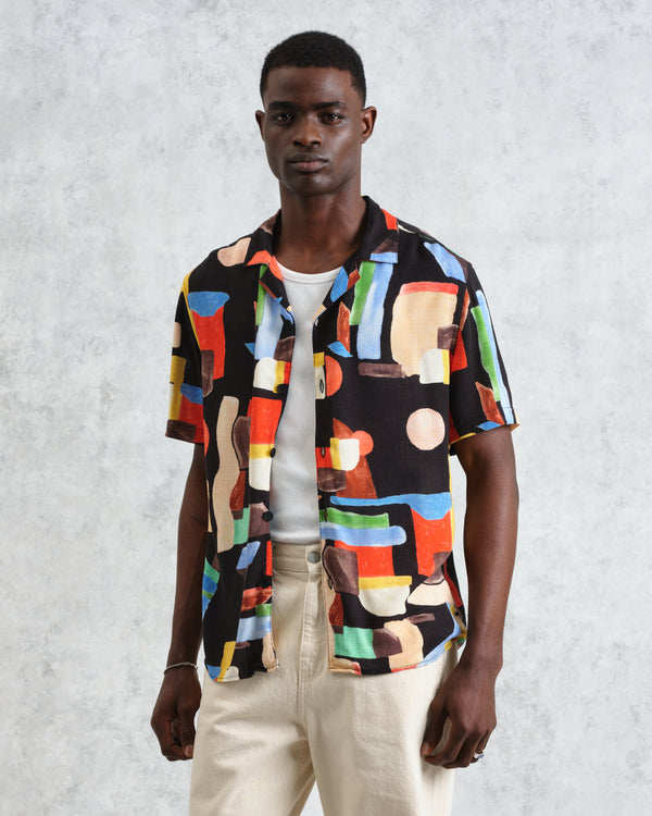 wax london men's Didcot - Black And Multicolour Pablo Short-Sleeve Shirt