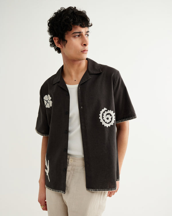 wax london men's Didcot - Black Doodle Applique Short-Sleeve Shirt