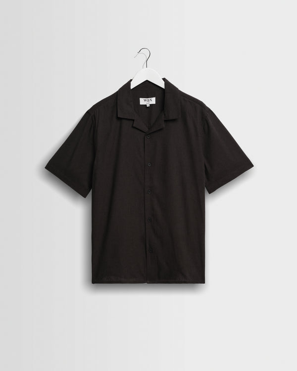 wax london men's Didcot - Black Silk Linen Short-Sleeve Shirt