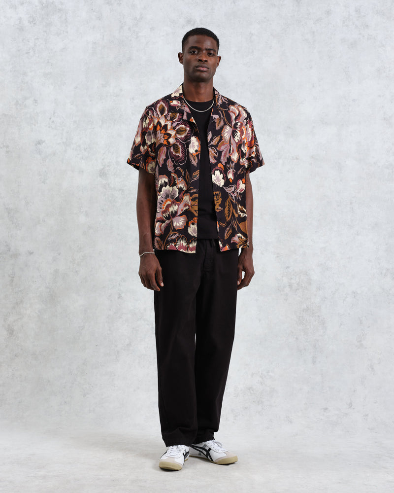 wax london Didcot - Black Winter Botanical Print Short Sleeve Shirt