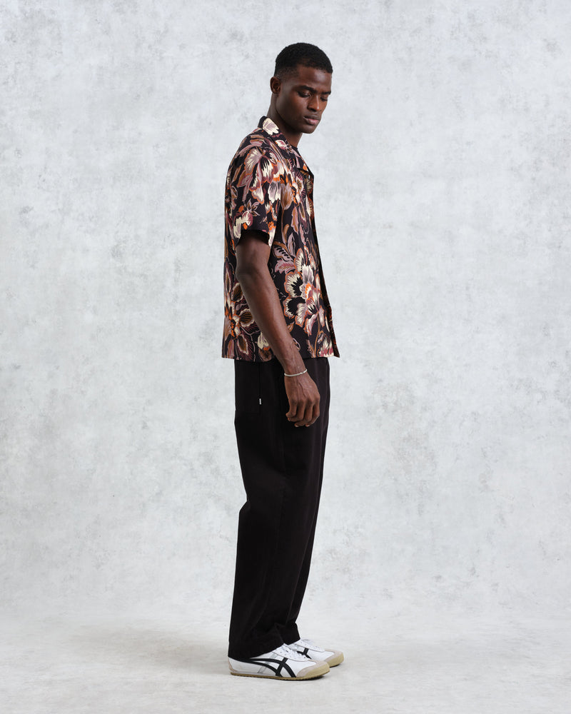 wax london Didcot - Black Winter Botanical Print Short Sleeve Shirt