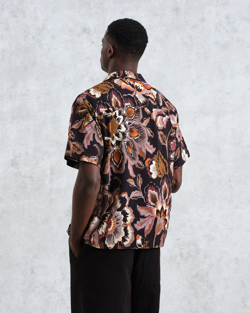 wax london Didcot - Black Winter Botanical Print Short Sleeve Shirt