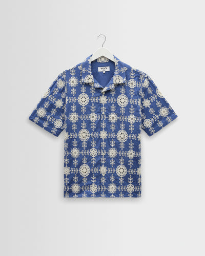 Didcot - Blue And Ecru Corded Lace Short-Sleeve Shirt