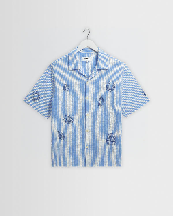 wax london men's Didcot - Blue And Ecru Doodle Seersucker Short-Sleeve Shirt
