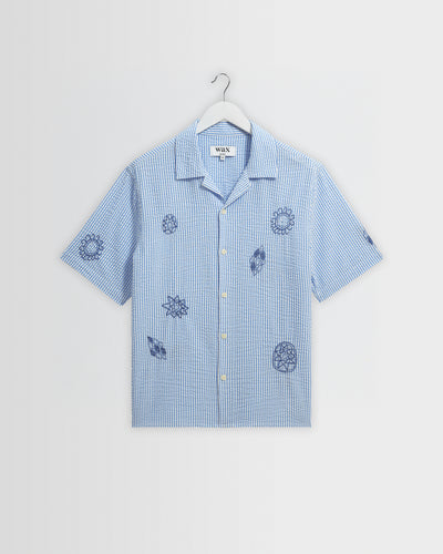 Didcot - Blue And Ecru Doodle Seersucker Short-Sleeve Shirt
