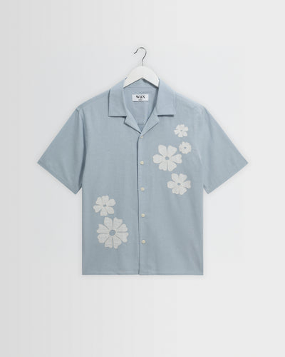 Didcot - Blue And Ecru Floral Applique Short-Sleeve Shirt