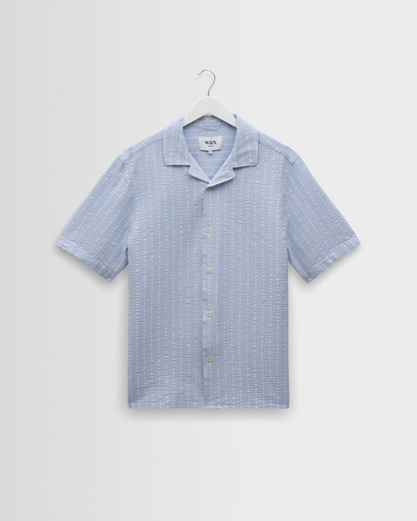 wax london men's Didcot - Blue And Ecru Seersucker Stripe Short-Sleeve Shirt