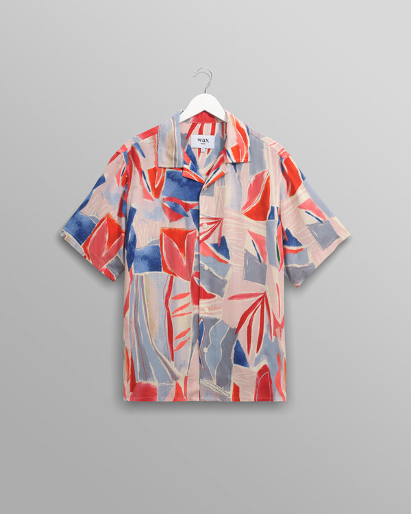 wax london men's Didcot - Blue And Pink Abstract Short-Sleeve Shirt