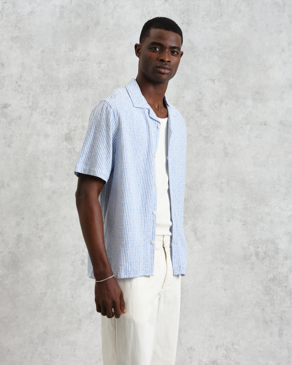 wax london men's Didcot - Blue And White Textured Stripe Short-Sleeve Shirt