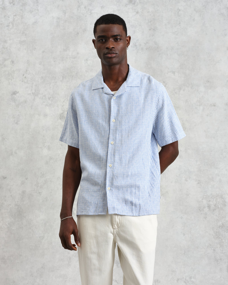 Men's Blue And White Textured Stripe Short-Sleeve Shirt Wax London