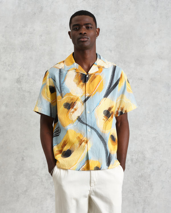 wax london men's Didcot - Blue And Yellow Abstract Poppy Short-Sleeve Shirt