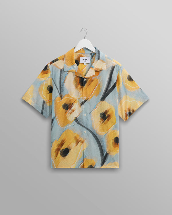 wax london men's Didcot - Blue And Yellow Abstract Poppy Short-Sleeve Shirt