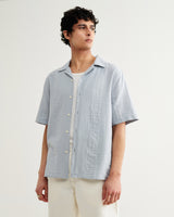 wax london men's Didcot - Blue Double-Weave Seersucker Short-Sleeve Shirt
