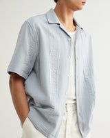 wax london men's Didcot - Blue Double-Weave Seersucker Short-Sleeve Shirt