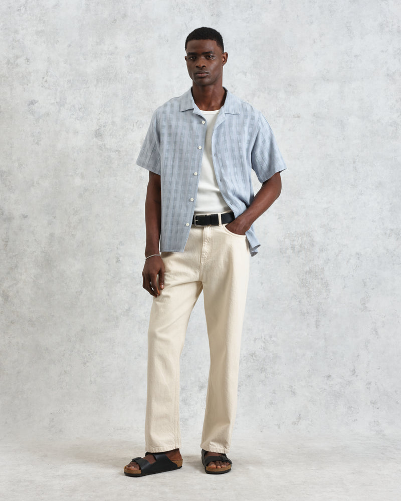 wax london men's Didcot - Blue Open Weave Cotton Short-Sleeve Shirt