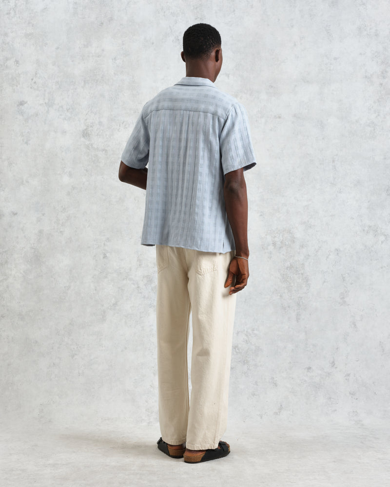 wax london men's Didcot - Blue Open Weave Cotton Short-Sleeve Shirt