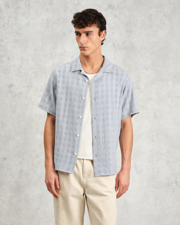 wax london Didcot - Blue Open Weave Short-Sleeve Cotton Shirt