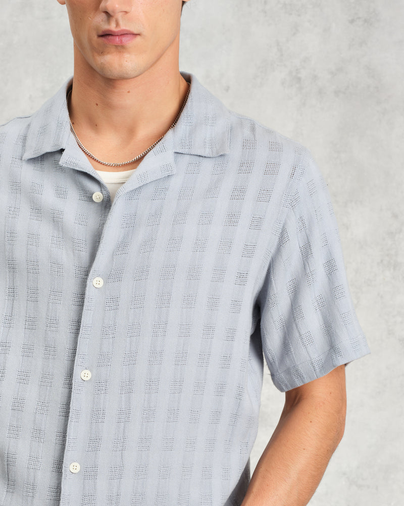 wax london Didcot - Blue Open Weave Short-Sleeve Cotton Shirt