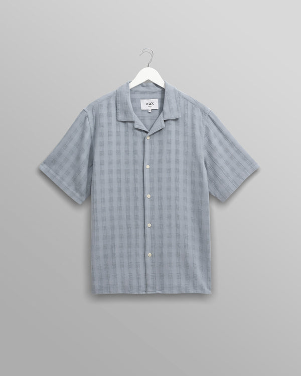 wax london Didcot - Blue Open Weave Short-Sleeve Cotton Shirt