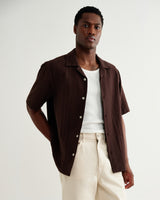 wax london men's Didcot - Brown Double-Weave Seersucker Short-Sleeve Shirt