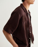 wax london men's Didcot - Brown Flower Embroidered Short-Sleeve Shirt