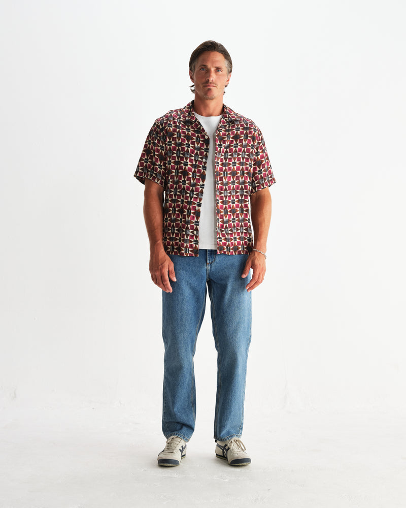 wax london men's Didcot - Burgundy Painted Geometric Short-Sleeve Shirt