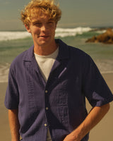 wax london men's Didcot - Dark Blue Double-Weave Seersucker Short-Sleeve Shirt