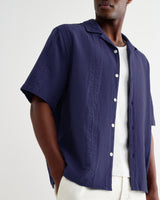 wax london men's Didcot - Dark Blue Double-Weave Seersucker Short-Sleeve Shirt