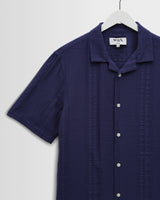 wax london men's Didcot - Dark Blue Double-Weave Seersucker Short-Sleeve Shirt