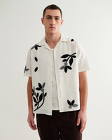 wax london men's Didcot - Ecru And Black Bloom Applique Short-Sleeve Shirt