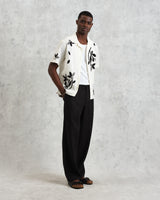 wax london Didcot - Ecru And Black Bloom Appliqué Short-Sleeve Shirt