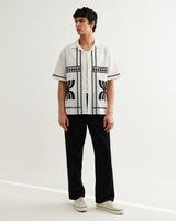 wax london men's Didcot - Ecru And Black Border Applique Short-Sleeve Shirt