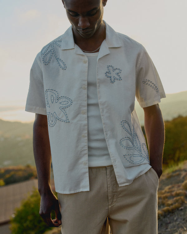 wax london men's Didcot - Ecru Floral Embroidered Short-Sleeve Shirt