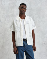 wax london men's Didcot - Ecru Floral Embroidered Short-Sleeve Shirt