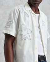 wax london men's Didcot - Ecru Floral Embroidered Short-Sleeve Shirt